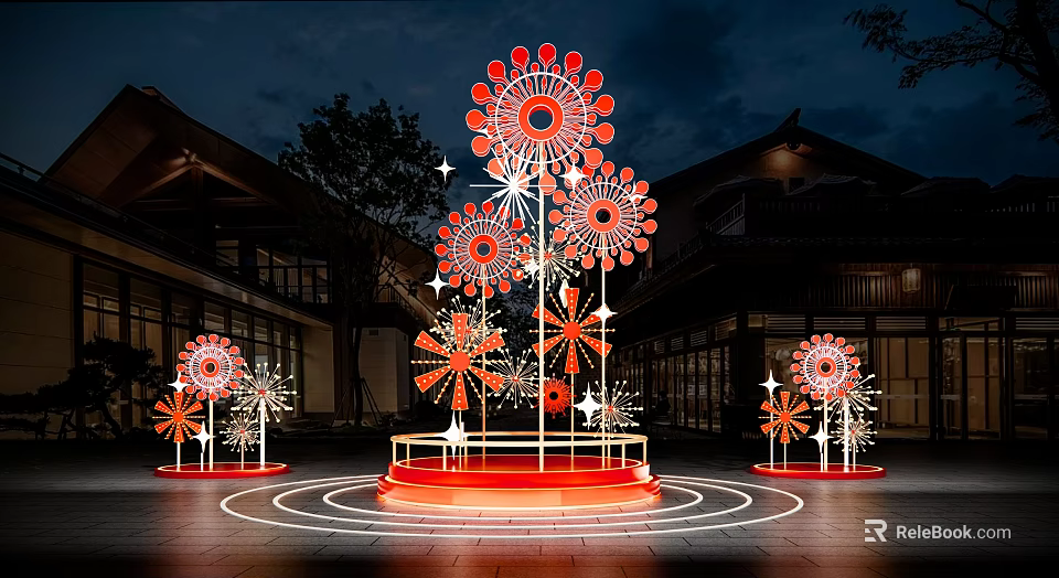 Outdoor Flower Shaped Art Installation with Red White Petals Illuminated at Night Against Building Background 3d model 