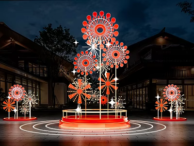 Outdoor Flower Shaped Art Installation with Red White Petals Illuminated at Night Against Building Background 3d model