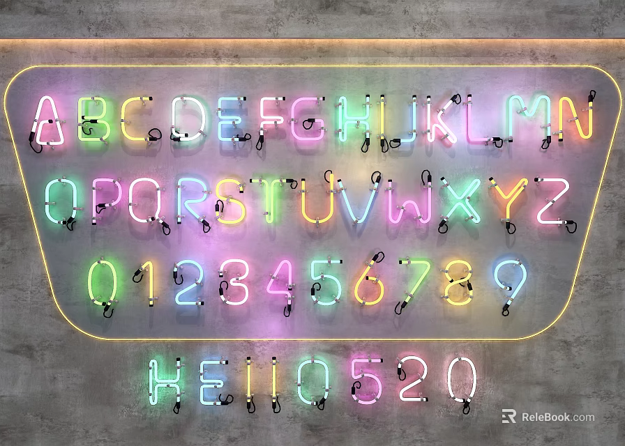 Vibrant Neon Decorative Lights With Colorful Letters Numbers And Hello Text On Gray Wall 3d model 