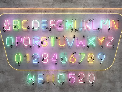 Vibrant Neon Decorative Lights With Colorful Letters Numbers And Hello Text On Gray Wall 3d model