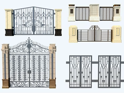 Ornate Building Exterior Wrought Iron Gates With Decorative Columns And Geometric Patterns 3d model