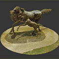 Bronze Horse Sculpture Featuring Mare And Foal On Circular Base With Grass