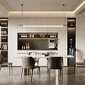 Modern Restaurant Interior Featuring Dining Table Chairs Wine Cabinet And Pendant Lights