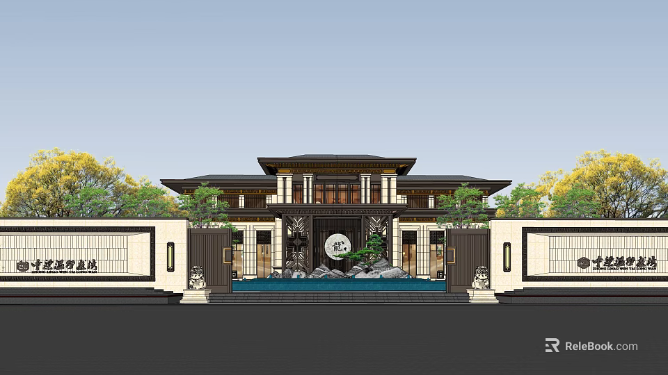 Traditional Chinese Architectural Gateway With Symmetrical Design Circular Ornament Water Feature And Greenery 3d model 