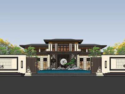 Traditional Chinese Architectural Gateway With Symmetrical Design Circular Ornament Water Feature And Greenery 3d model