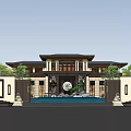 Traditional Chinese Architectural Gateway With Symmetrical Design Circular Ornament Water Feature And Greenery