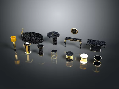 Black Marble Decorative Items With Gold Accents And Glossy Finish Furniture Pieces 3d model