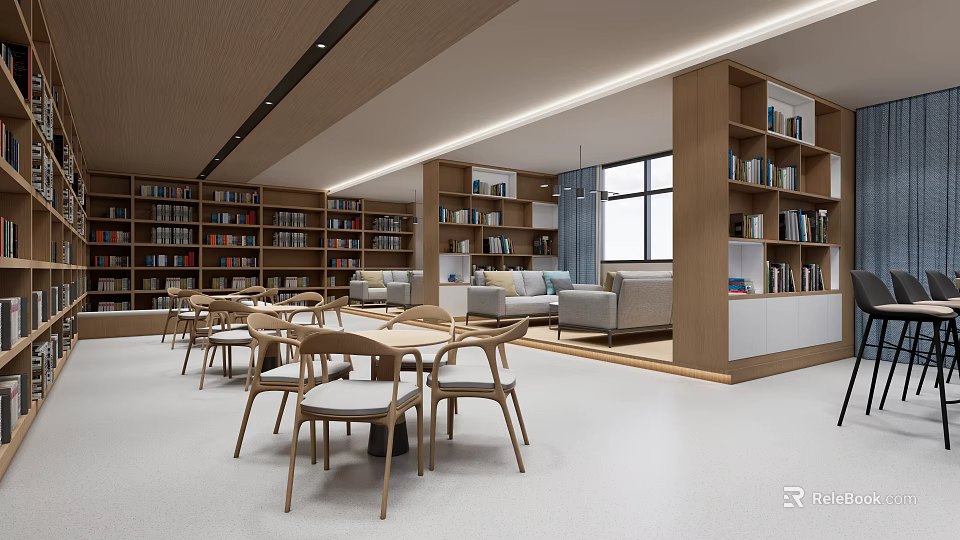 Modern Book Art Library Interior With Wooden Bookshelves And Reading Chairs 3d model 