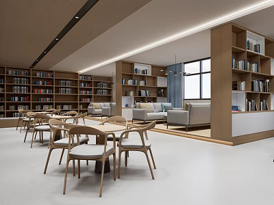 Modern Book Art Library Interior With Wooden Bookshelves And Reading Chairs 3d model