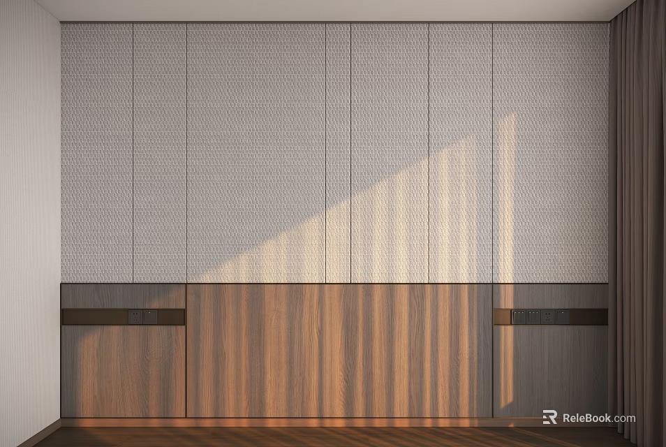 Modern Minimalist Background Wall With Gray Panels Wooden Base And Sunlight Shadows 3d model 