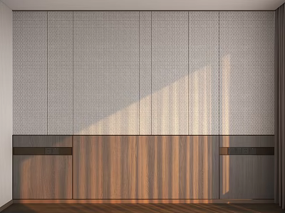 Modern Minimalist Background Wall With Gray Panels Wooden Base And Sunlight Shadows 3d model
