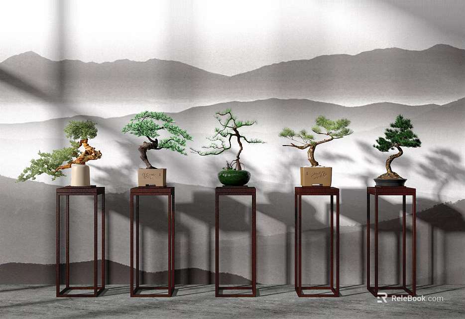 Multiple Bonsai Plants Display On Wooden Stands With Mountain Pattern Background 3d model