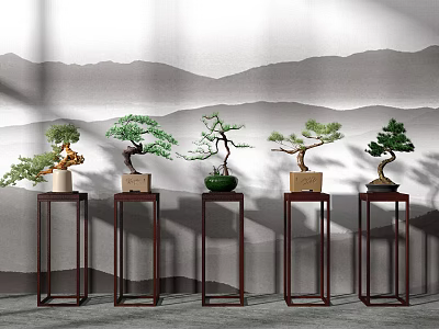 Multiple Bonsai Plants Display On Wooden Stands With Mountain Pattern Background 3d model
