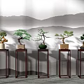Multiple Bonsai Plants Display On Wooden Stands With Mountain Pattern Background 3d model
