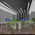 Modern Public Office Space With Green Chairs Multiple Computers And Wooden Ceiling 3d model
