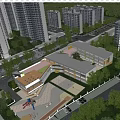 Modern School Building With Playground Area And Green Trees Surrounded By Residential Buildings