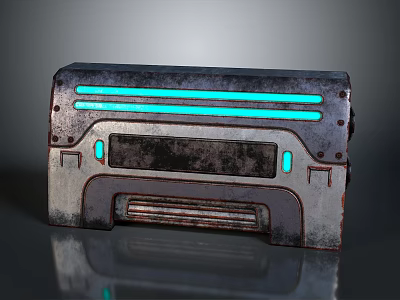 Retro Metallic Household Utility Box With Blue Glowing Strips And Weathered Rusted Details 3d model