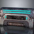 Retro Metallic Household Utility Box With Blue Glowing Strips And Weathered Rusted Details