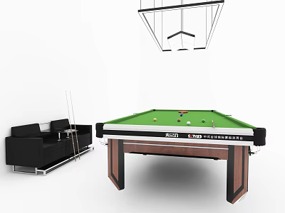 Professional Snooker Table With Green Felt Surface And Cue Sticks Near Sofa 3d model