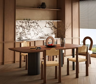 Elegant Modern Wooden Dining Table Set With Woven Seat Chairs Marble Wall And Wooden Cabinets 3d model