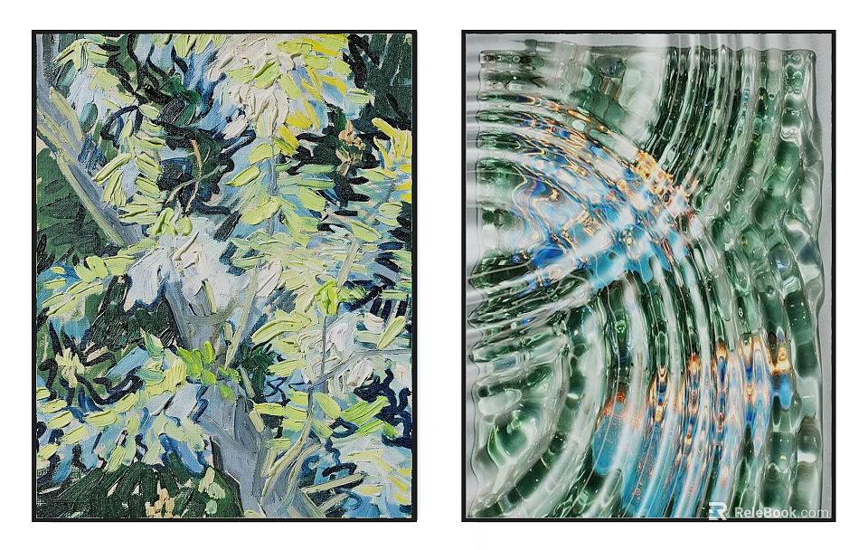 Abstract Paintings Featuring Lush Green Yellow Blue Hues And Dynamic Swirling Wave Patterns 3d model 