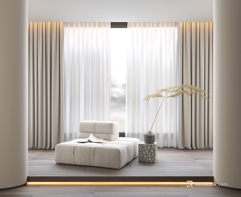 Modern Sheer Light Colored Curtains In Contemporary Interior With Beige Sofa And Potted Plant Decor 3d model 