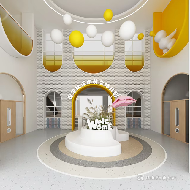 Bright Kindergarten Interior With Arched Doors Colorful Balloons Welcome Sign Circular Platform And Green Plants 3d model 
