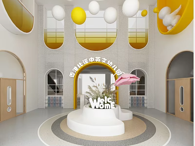 Bright Kindergarten Interior With Arched Doors Colorful Balloons Welcome Sign Circular Platform And Green Plants 3d model