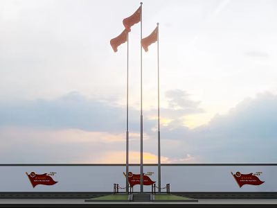 National Flags Flying On Flagpoles With Sunset Sky And Red Banners Below 3d model