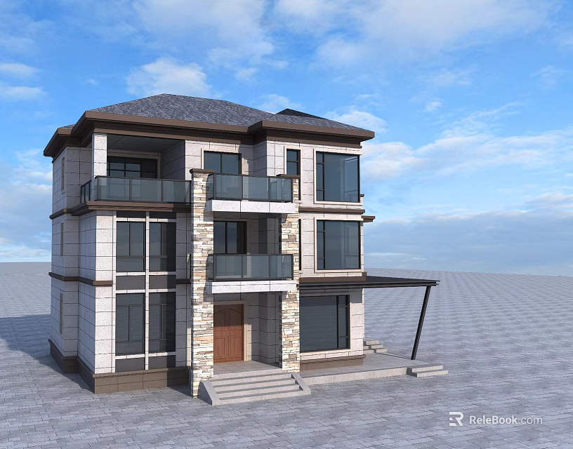 Three Story Detached Villa With Gray Roof Beige Exterior And Glass Windows Balconies Porch 3d model 