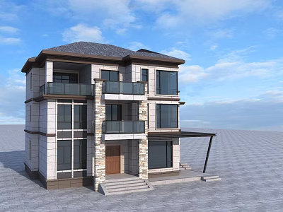 Three Story Detached Villa With Gray Roof Beige Exterior And Glass Windows Balconies Porch 3d model