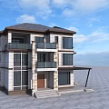 Three Story Detached Villa With Gray Roof Beige Exterior And Glass Windows Balconies Porch