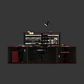 Curved Office Desk With Dual Monitors Desk Lamp Ergonomic Chair And Storage Shelves