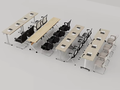 Modern Conference Table Setup With Wooden Top And Laptops In Meeting Room 3d model