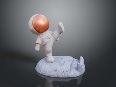 Astronaut Game Character In White Spacesuit With Copper Helmet Lifted Foot On Moon Base 3d model