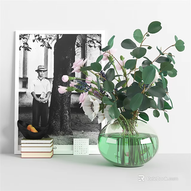 Green Glass Vase With Pink White Flowers And Green Leaves On Table With Books And 3d model 
