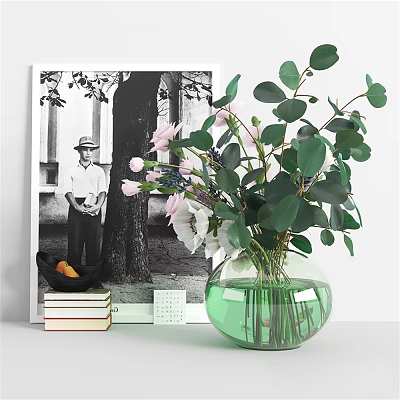 Green Glass Vase With Pink White Flowers And Green Leaves On Table With Books And 3d model