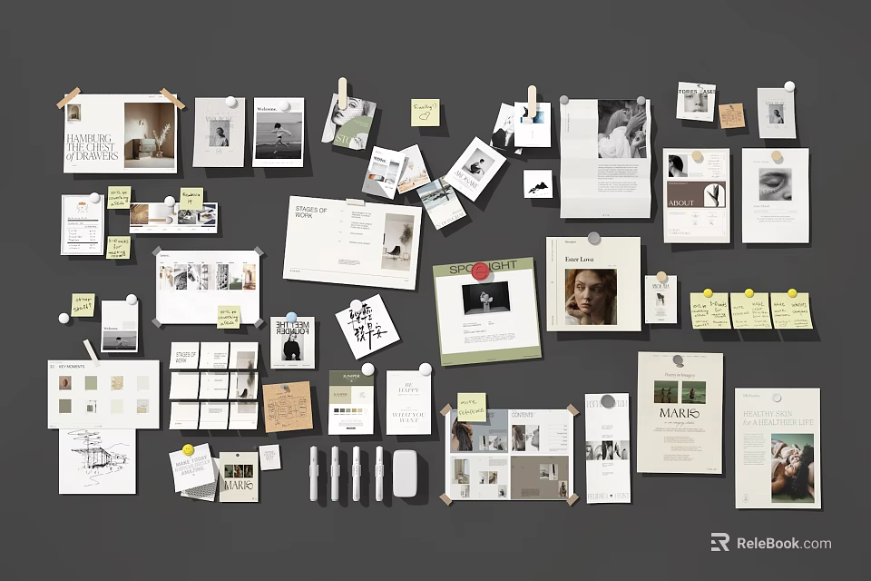 Diverse Design Materials Collage With Photos Paper Samples And Sticky Notes 3d model 
