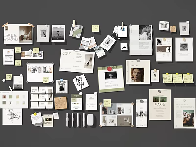 Diverse Design Materials Collage With Photos Paper Samples And Sticky Notes 3d model