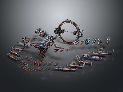 Futuristic Sci Fi Spaceship Models With Multiple Circular Structures And Mechanical Modules 3d model