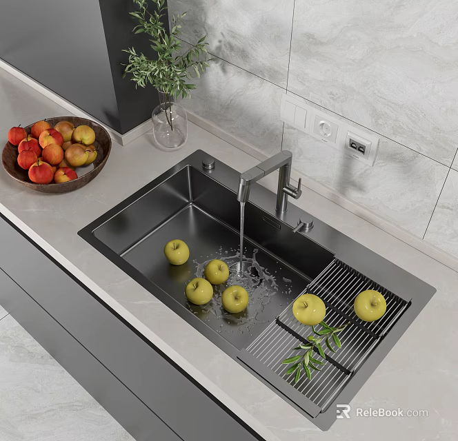 Stainless Steel Kitchen Sink With Water Tap Draining Rack And Fresh Apples 3d model 