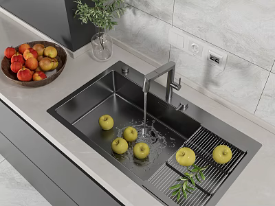 Stainless Steel Kitchen Sink With Water Tap Draining Rack And Fresh Apples 3d model