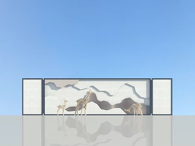 Modern Landscape Wall With Layered Mountain Pattern And Giraffe Ornaments Against Blue Sky 3d model