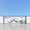 Modern Landscape Wall With Layered Mountain Pattern And Giraffe Ornaments Against Blue Sky