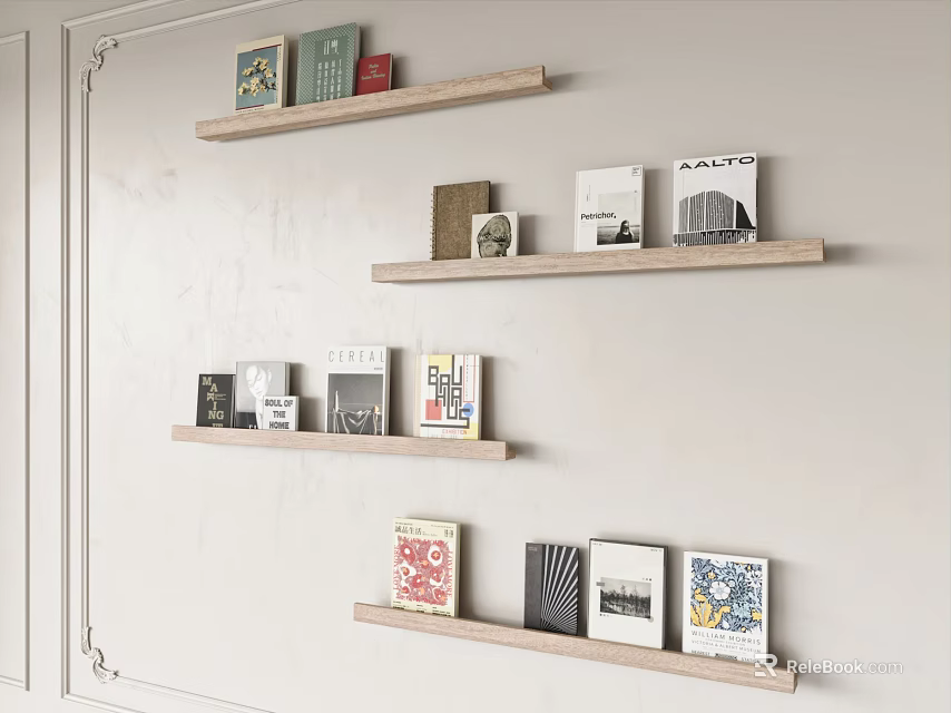 Decorative Books and Magazines Display on Wooden Wall Shelves in Modern Interior 3d model 