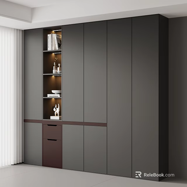 Modern Minimalist Shoe Cabinet With Dark Gray Doors Open Shelves And Decorative Items 3d model 