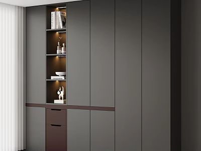 Modern Minimalist Shoe Cabinet With Dark Gray Doors Open Shelves And Decorative Items 3d model