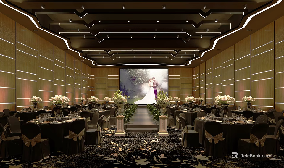 Elegant Wedding Banquet Hall With Round Tables Flower Arrangements And Large Screen 3d model 