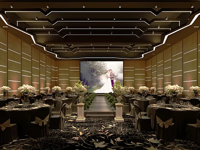 Elegant Wedding Banquet Hall With Round Tables Flower Arrangements And Large Screen 3d model