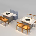 Modern Wooden Public Chairs and Blue Booth Seating in Restaurant with White Tables